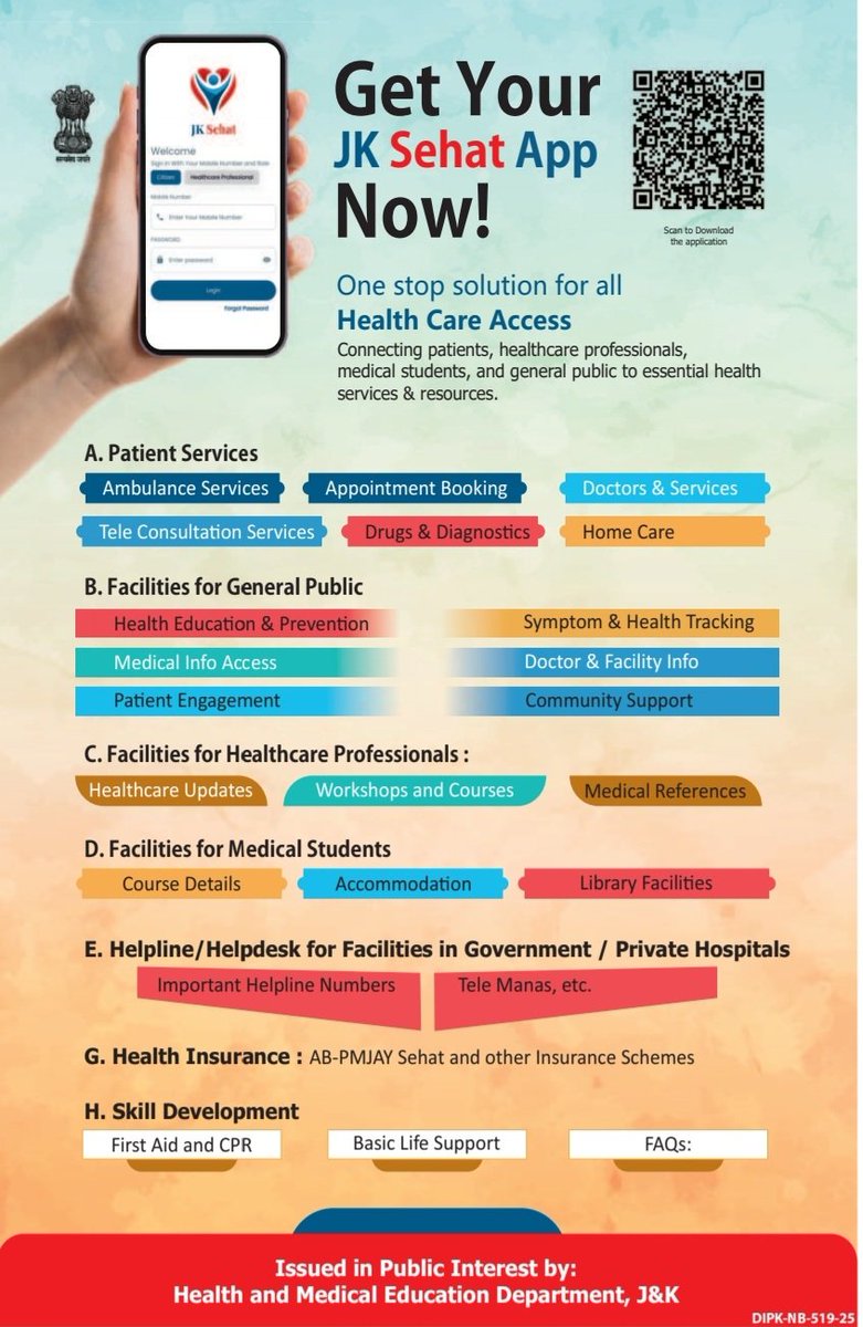 Get Your JK Sehat App Now!
Your one-stop solution for healthcare in J&amp;K!
From ambulance booking to tele-consultation, health tracking, insurance info &amp; more.
Scan &amp; download today — connecting patients, doctors &amp; students!

#JKSehatApp #AyushmanBharat #DigitalHealth  #PMJAY