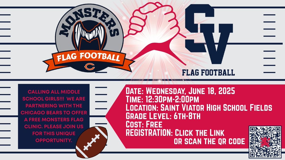 Saint Viator Flag Football (@viatorflagfb) on Twitter photo 🚨 CALLING ALL 6-8th GRADE GIRLS!!! 🚨
We are partnering with <a href="/BearsOutreach/">Chicago Bears</a> to offer a FREE one-day Flag Football clinic at <a href="/SaintViatorHS/">Saint Viator HS</a> on June 18.
REGISTER TODAY at: manage.snap.app/register/saint… 🚨 CALLING ALL 6-8th GRADE GIRLS!!! 🚨
We are partnering with <a href="/BearsOutreach/">Chicago Bears</a> to offer a FREE one-day Flag Football clinic at <a href="/SaintViatorHS/">Saint Viator HS</a> on June 18.
REGISTER TODAY at: manage.snap.app/register/saint…