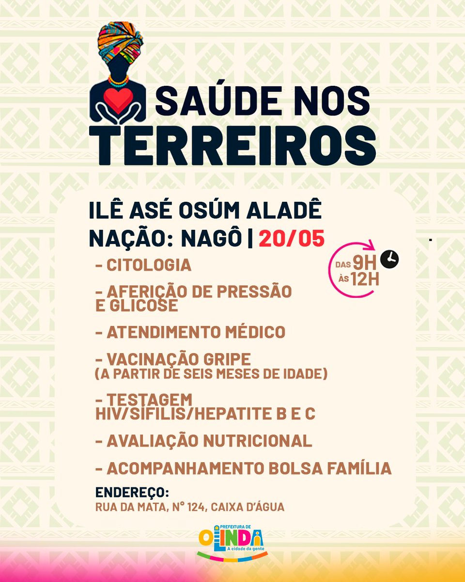 🌿 Amanhã tem cuidado, saúde e acolhimento no Saúde nos Terreiros!

Na terça-feira, 20 de maio, das 9h às 12h, o programa chega ao Ilê Asé Osúm Aladê, em Caixa D’Água, com uma manhã de serviços gratuitos pra fortalecer o bem-estar da comunidade!

📍 Rua da Mata, nº 124 – Caixa