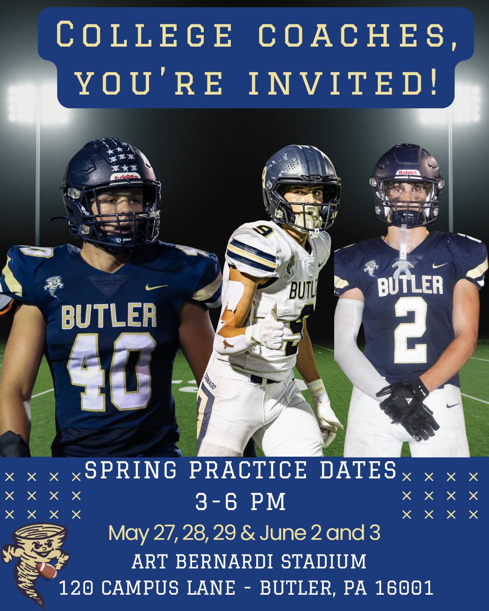 Butler Football (@bgtfootball) on Twitter photo Spring practices are a great time to see our guys on the field!
<a href="/EricChristy10/">Eric Christy</a> <a href="/GermaniErik/">Germ</a> <a href="/darrell64588458/">darrell smith</a>
<a href="/chip_mcguire/">Chip Mcguire</a> <a href="/CoachPapley/">Tony Papley</a> <a href="/CoachGriffith_/">Zach Griffith</a> <a href="/CoachBaney/">Derrick Baney</a>
<a href="/Coach_ZShaw/">Zach Shaw</a> <a href="/BurchettBeau/">Beau Burchett</a> <a href="/TysonPino_QB26/">Tyson Pino</a>
<a href="/MarkKlemz35/">Mark k</a> <a href="/WPIAL_Insider/">WPIAL Insider</a> <a href="/wpialsportsnews/">WPIAL Sportsmen</a> Spring practices are a great time to see our guys on the field!
<a href="/EricChristy10/">Eric Christy</a> <a href="/GermaniErik/">Germ</a> <a href="/darrell64588458/">darrell smith</a>
<a href="/chip_mcguire/">Chip Mcguire</a> <a href="/CoachPapley/">Tony Papley</a> <a href="/CoachGriffith_/">Zach Griffith</a> <a href="/CoachBaney/">Derrick Baney</a>
<a href="/Coach_ZShaw/">Zach Shaw</a> <a href="/BurchettBeau/">Beau Burchett</a> <a href="/TysonPino_QB26/">Tyson Pino</a>
<a href="/MarkKlemz35/">Mark k</a> <a href="/WPIAL_Insider/">WPIAL Insider</a> <a href="/wpialsportsnews/">WPIAL Sportsmen</a>