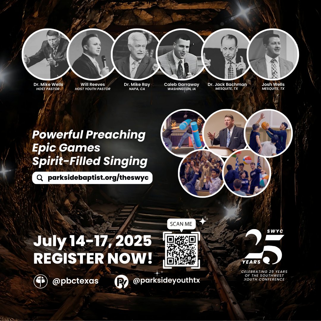 parksidebaptist's tweet photo. 🎉 SWYC 2025 is coming!
📍 Mesquite, TX
🗓️ July 14–17
🔥 Powerful Preaching
🎮 Epic Games
🎶 Spirit-Filled Singing
Register now → https://t.co/ZdZfV6CTns
#SWYC25 #YouthConference #ParksideBaptist https://t.co/oxWu8UNhAP