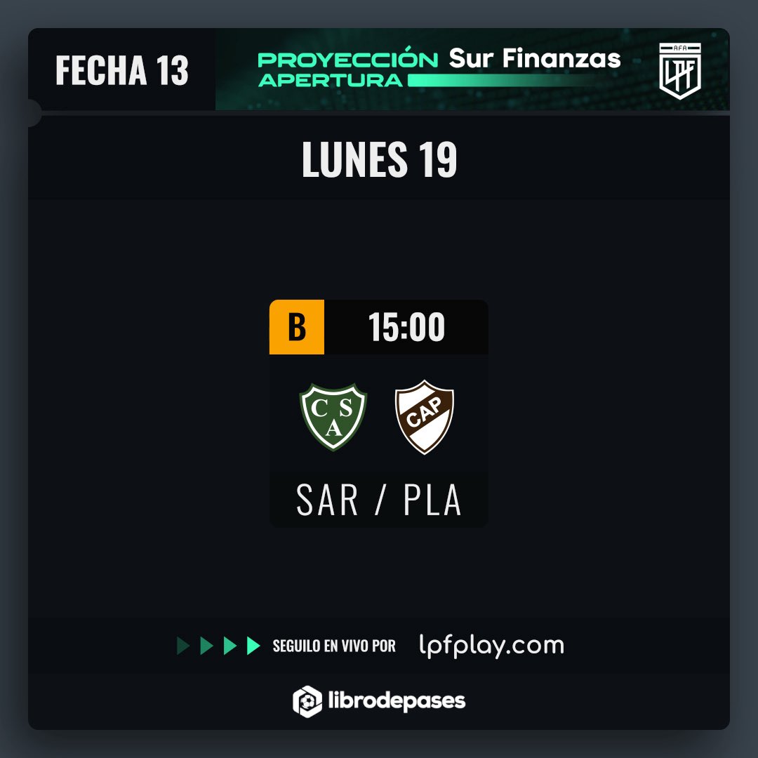 Proyeccion LPF (@proyeccionlpf) on Twitter photo #TorneoProyección <a href="/surfinanzas/">Sur Finanzas</a> |
Hoy se disputa el encuentro reprogramado entre <a href="/CASarmientoOf/">Club Atlético Sarmiento</a> y <a href="/caplatense/">Club Atlético Platense</a> para finalizar la #Fecha13 🏆
▶️<a href="/LPFPlay/">LPF Play</a>
📺lpfplay.com #TorneoProyección <a href="/surfinanzas/">Sur Finanzas</a> |
Hoy se disputa el encuentro reprogramado entre <a href="/CASarmientoOf/">Club Atlético Sarmiento</a> y <a href="/caplatense/">Club Atlético Platense</a> para finalizar la #Fecha13 🏆
▶️<a href="/LPFPlay/">LPF Play</a>
📺lpfplay.com