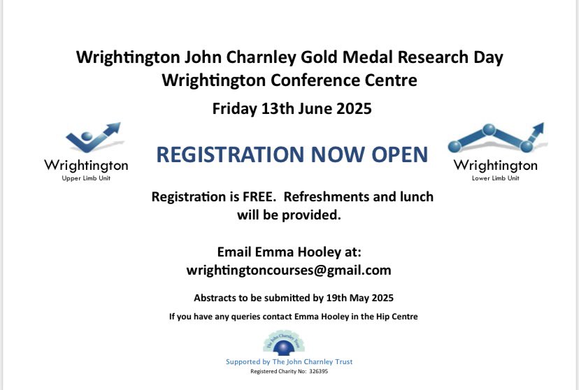 WLLU Courses (@wrightingtonllu) on Twitter photo The countdown is on until the next Wrightington John Charnley Gold Medal Research Day.
Abstracts must be submitted by 12 midnight tonight to wrightingtoncourses@gmail.com The countdown is on until the next Wrightington John Charnley Gold Medal Research Day.
Abstracts must be submitted by 12 midnight tonight to wrightingtoncourses@gmail.com