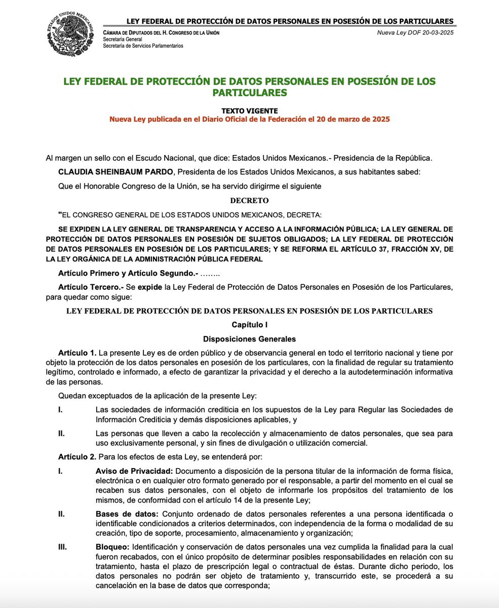 📢 ¡Atención!
La nueva era del cumplimiento en #ProtecciónDeDatos ya está aquí.
🗓️ El 21/03/2025 entró en vigor la nueva #LFPDPPP:
❌ Deroga la ley de 2010
✅ Sustituye al INAI por <a href="/BuenGobierno_mx/">Buen Gobierno México 🇲🇽</a>
💰 Sanciones: hasta $36 millones MXN
📚 Consulta: diputados.gob.mx/LeyesBiblio/pd…