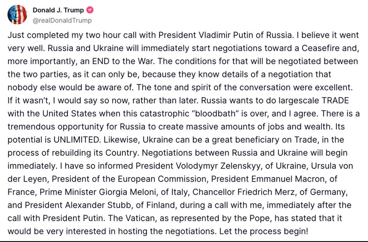nicksortor's tweet image. 🚨 #BREAKING: After his TWO HOUR phone call with Vladimir Putin this morning, President Trump announces Russia and Ukraine will immediately start negotiations toward a ceasefire and END the war
PEACEMAKER IN CHIEF!
“Russia wants to do largescale TRADE with the United States…
