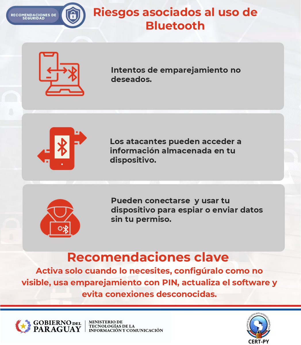 ⚠️El uso de Bluetooth facilita la conexión entre dispositivos, pero también puede abrir puertas a accesos no autorizados. 

🔐 ¡Activalo solo cuando lo necesites!