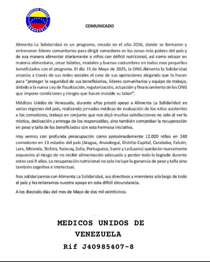 Medicos Unidos Vzla Capitulo Aragua (@muvaragua) on Twitter photo Comunicado de <a href="/MedicosUnidosVe/">Médicos Unidos Vzla</a> en apoyo a <a href="/Alimenta_AS/">Alimenta La Solidaridad</a> y <a href="/MiConvive/">Mi Convive</a> quienes se vieron obligados a cesar operaciones para proteger a miembros y beneficiarios. 12000 niños en #Venezuela quedarán sin su aporte nutricional diario. Solidaridad con las ONG Comunicado de <a href="/MedicosUnidosVe/">Médicos Unidos Vzla</a> en apoyo a <a href="/Alimenta_AS/">Alimenta La Solidaridad</a> y <a href="/MiConvive/">Mi Convive</a> quienes se vieron obligados a cesar operaciones para proteger a miembros y beneficiarios. 12000 niños en #Venezuela quedarán sin su aporte nutricional diario. Solidaridad con las ONG