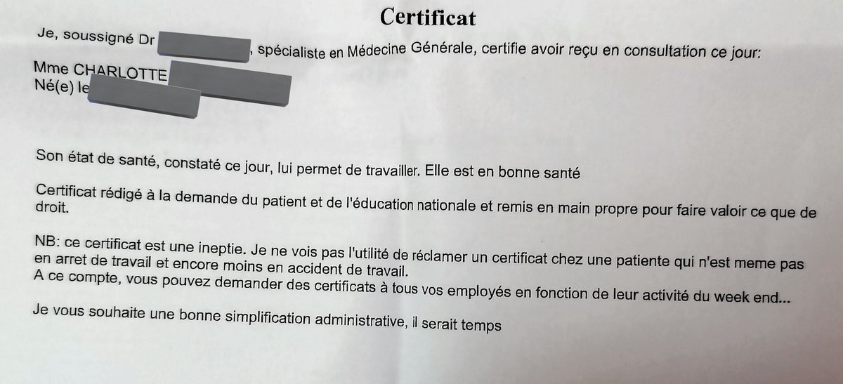 Je suis tombée à l'école, plus de peur que de mal. Pas d'arrêt maladie ni d'accident du travail. L'educ nat demande quand même un papier stipulant que je vais bien.

Voici la réponse de mon médecin 😭