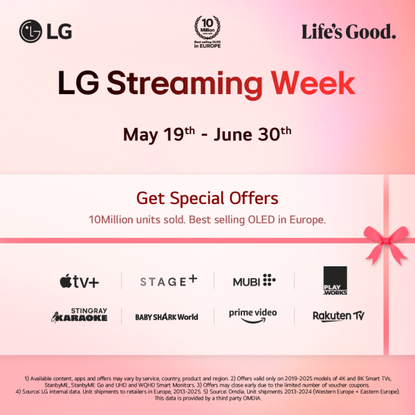 LGUK's tweet image. LG have been named the best-selling OLED in Europe, and to celebrate, we’re giving away special offers every week! 🏆 🎁 

From today until the end of June, you can unlock free offers from Apple TV, Prime Video, LG Movies and more, worth up to £180

#LGUK #LifesGood #LGTV #LGOLED