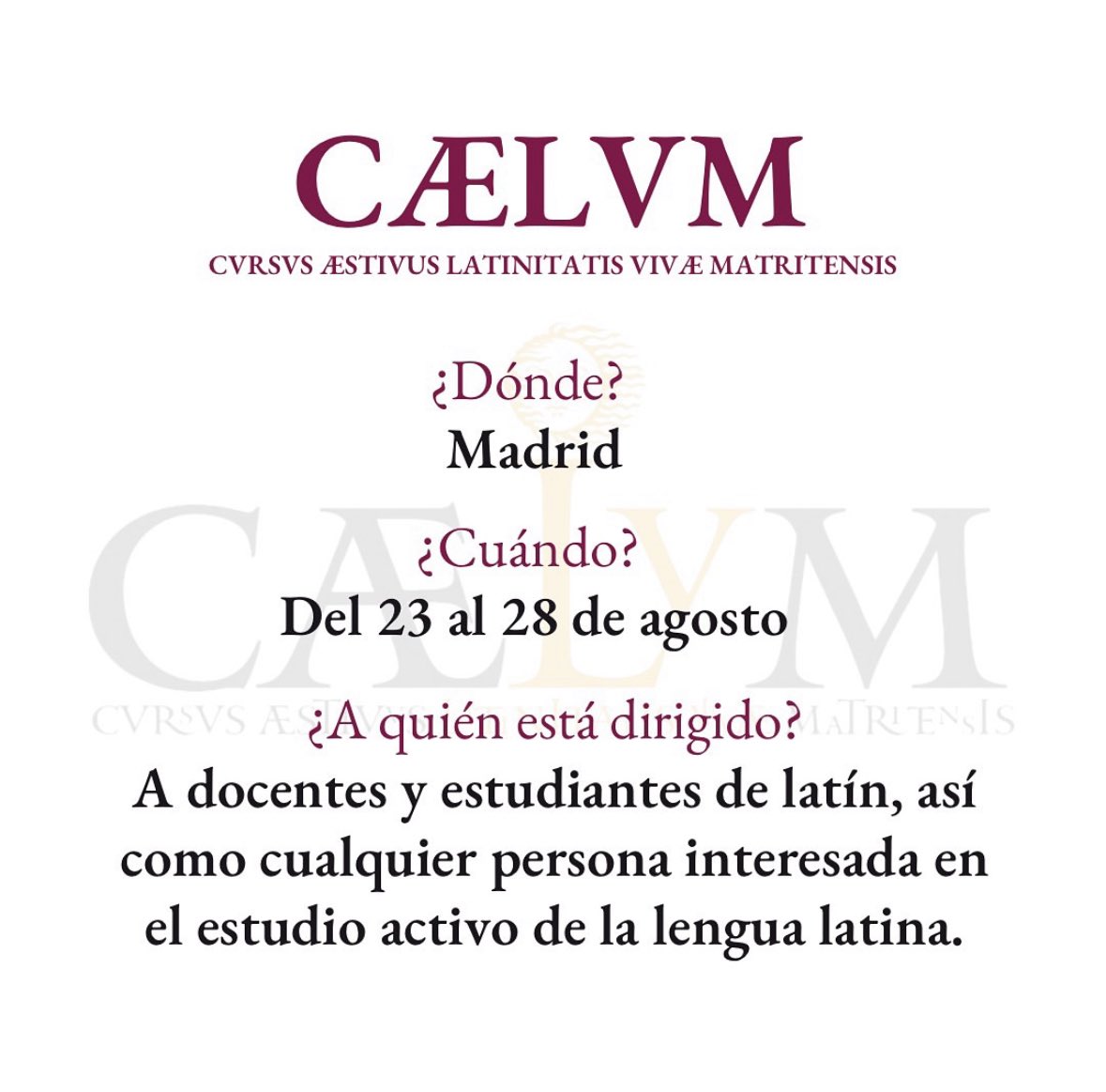 CulturaClasicaC's tweet image. ¡Abierto el plazo de inscripción para nuestro curso de verano de latín vivo!

📍Madrid
🗓️ Del 23 al 28 de agosto

Podéis leer la información completa en nuestra web culturaclasica.com y rellenar el formulario para asistir.

Matriti nos videbimus! 👋🏽
