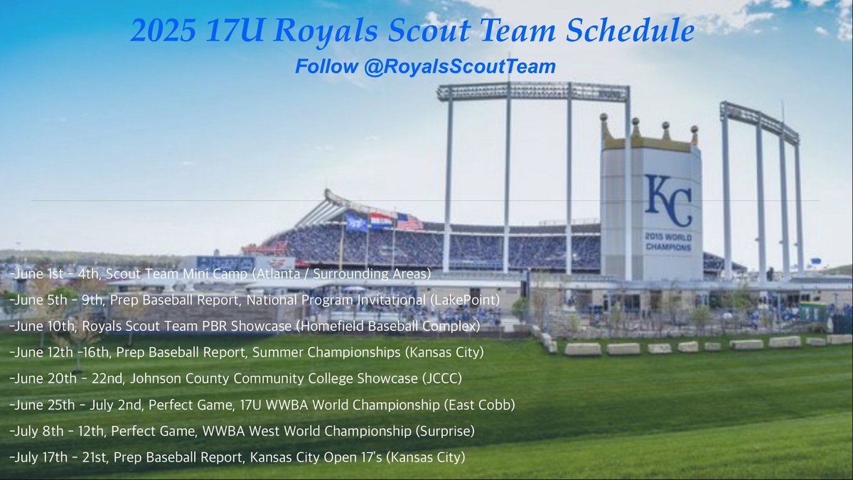 RoyalsScoutTeam (@royalsscoutteam) on Twitter photo 17U Royals Scout Team Summer Schedule (2026’s). <a href="/PbrUrban/">Andy Urban PBR</a> <a href="/PBR_Moulder/">Kevin Moulder</a> <a href="/PBRTournaments/">Prep Baseball Tournaments</a> <a href="/PG_Scouting/">Perfect Game Scout</a> <a href="/PerfectGameUSA/">Perfect Game USA</a> <a href="/LakePointSports/">LakePoint Sports</a> 17U Royals Scout Team Summer Schedule (2026’s). <a href="/PbrUrban/">Andy Urban PBR</a> <a href="/PBR_Moulder/">Kevin Moulder</a> <a href="/PBRTournaments/">Prep Baseball Tournaments</a> <a href="/PG_Scouting/">Perfect Game Scout</a> <a href="/PerfectGameUSA/">Perfect Game USA</a> <a href="/LakePointSports/">LakePoint Sports</a>
