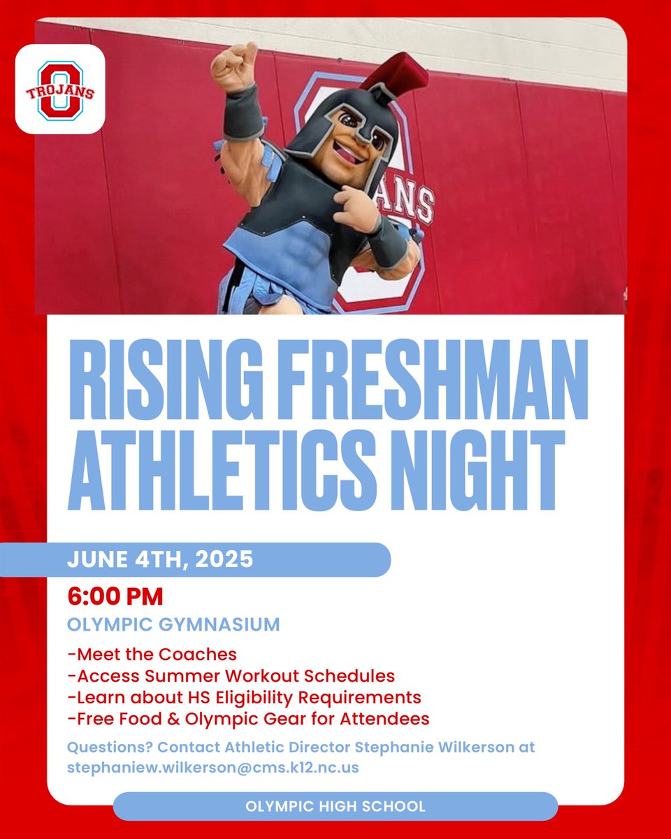 COME OUT TO MEET THE TROJANS‼️
Rising Freshman Athletics Night 
-Meet the Coaches
-Learn important HS Eligibility info
-Receive Summer Workout info 
-Free food and Olympic gear for attendees 
📅: June 4th
⏰: 6:00 pm
📍: Olympic Gymnasium 
#MadeofSteele #wethesouthside🅾️