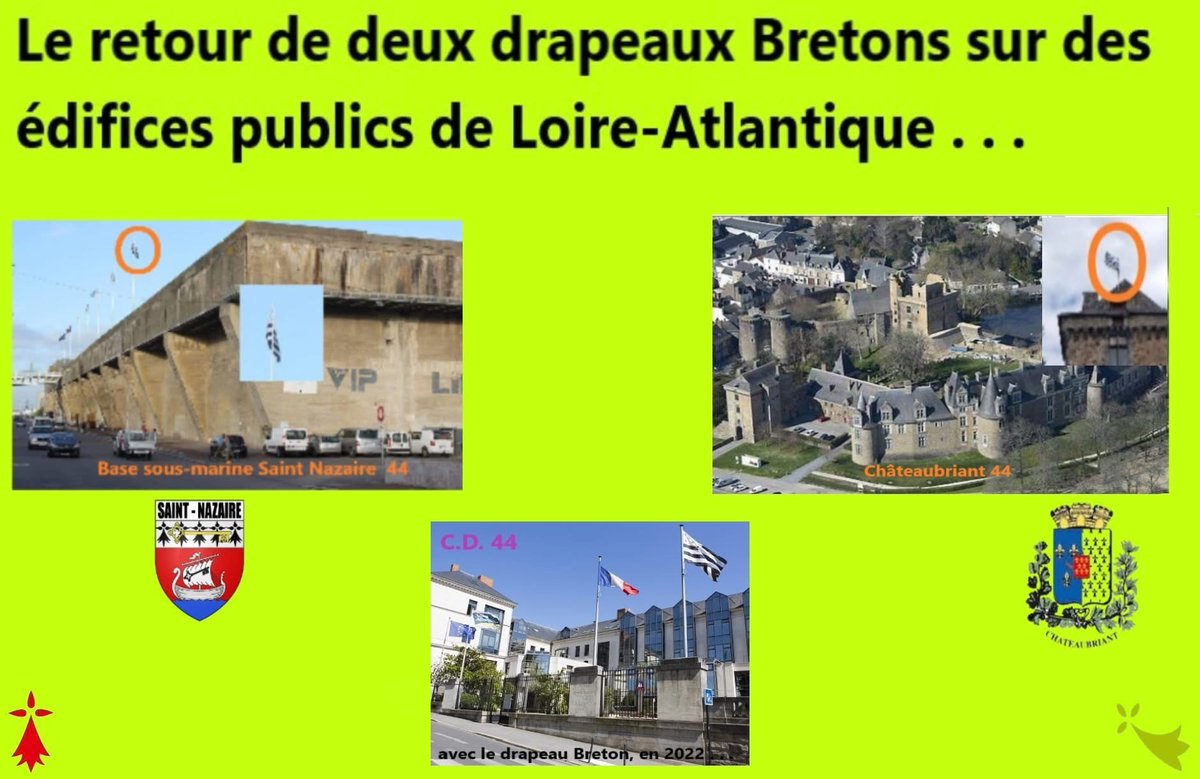 RETOUR DU GWENN HA DU EN LOIRE-ATLANTIQUE !

sur deux édifices publics :

✅ la base sous-marine de Saint-Nazaire
✅ le Château de Châteaubriant

A quand le retour du GhD au siège du Conseil Départemental de Loire-Atlantique ?