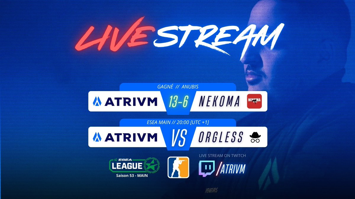 🎥 LIVE ! twitch.tv/ATRIVM
Deuxième match de la soirée en <a href="/ESEA/">ESEA League</a> pour aller décrocher les playoffs qualificatifs pour l'Advanced S54.

🎙️ <a href="/CastRabenas/">Rabenas</a> au mic!

💙 Venez soutenir ATRIVM !