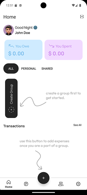 AmitCoder's tweet image. Adding these empty screen dialogs for creating groups and expenses. I hope it will help a new user to get started. Does it work?
