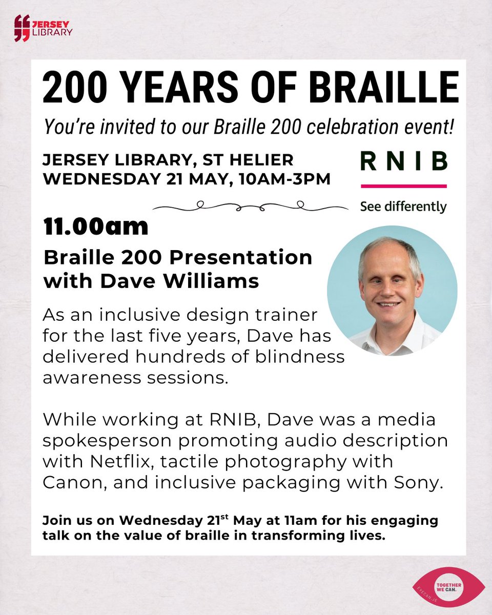 Join us on Wednesday 21st May to celebrate the 200th anniversary of Braille.

At 11:00am, Dave Williams, an award-winning inclusive design specialist, experienced broadcaster, and braille advocate, will be giving an engaging talk on the value of braille in transforming lives.