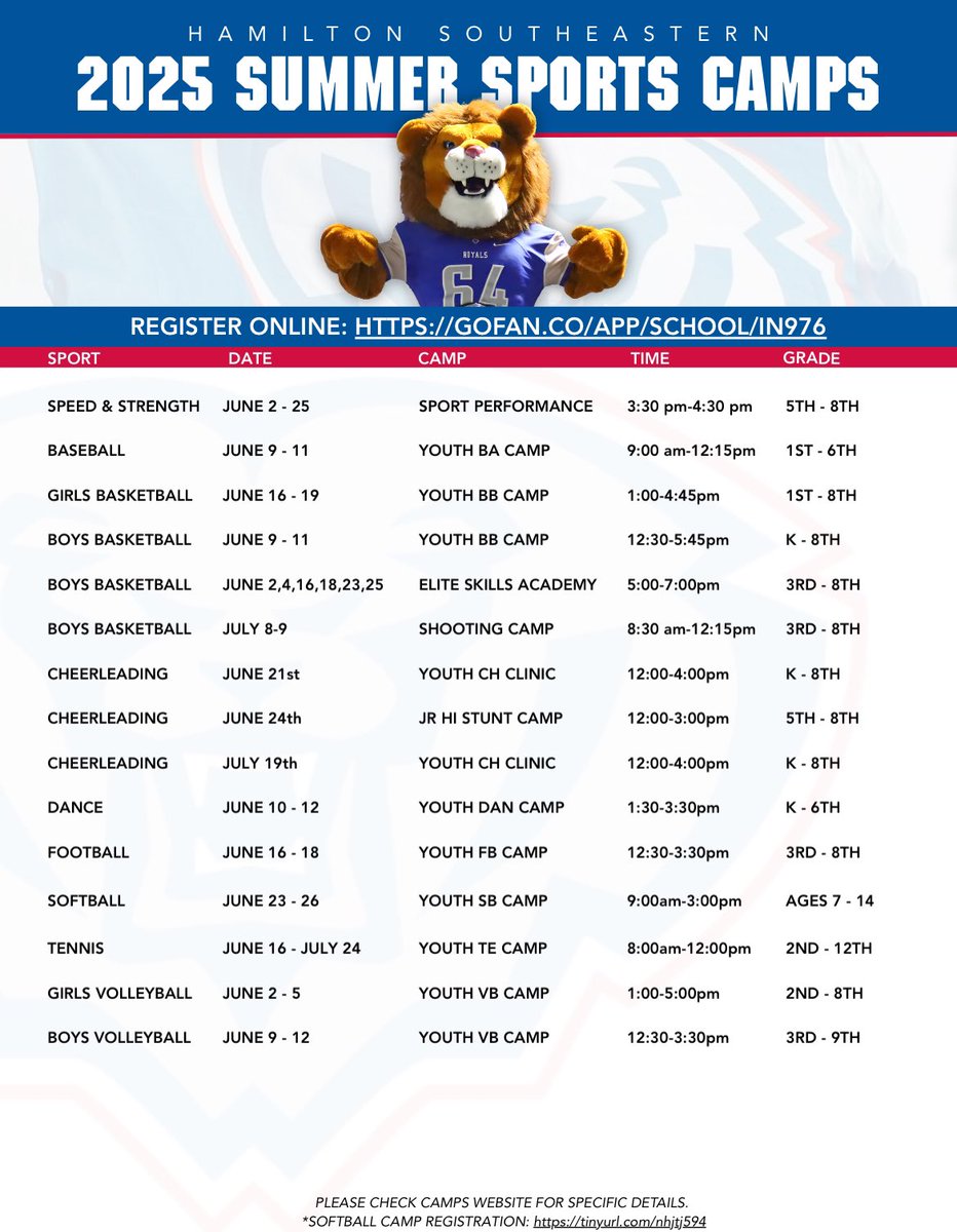 Summer camps are coming 🔜

Register today!
gofan.co/app/school/IN9…

🔵🦁