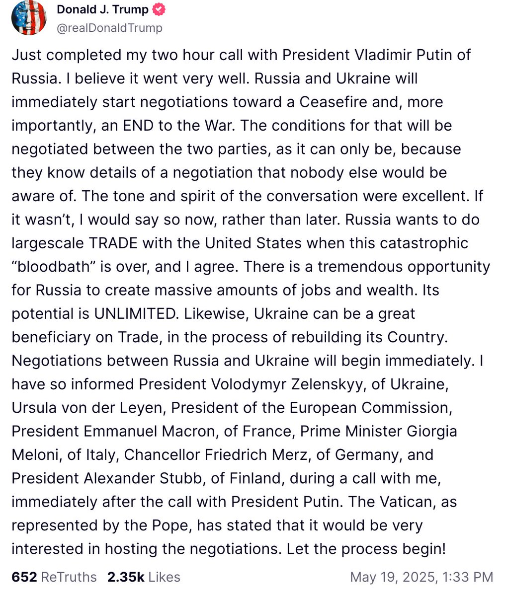 🚨BREAKING: Following a two hour phone call with Putin, Trump announces that "Russia and Ukraine will immediately start negotiations toward a Ceasefire and, more importantly, an END to the War."