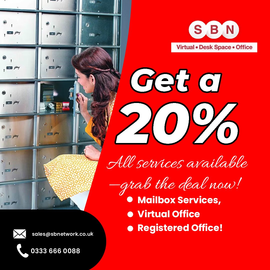 🎉 Exciting Offer Alert! 🎉 Enjoy **20% OFF** on our Mailbox Services, Virtual Office, and Registered Office! 📬✨ Elevate your business presence and streamline your operations today. Don't miss out! 
Call Now: +44 333 666 0088  
sbnetwork.co.uk