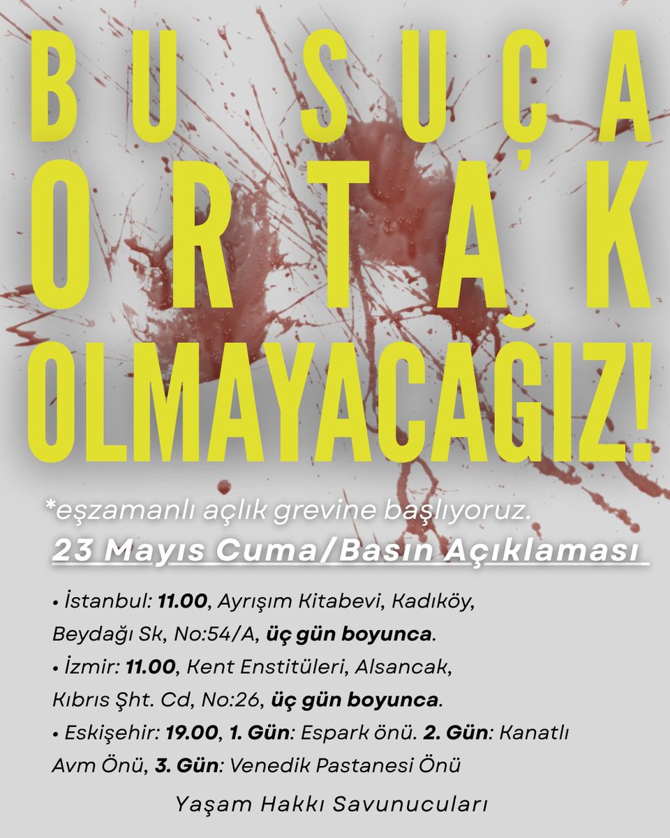 izmiryasamhakki's tweet photo. KATLİAM YASASINA KARŞI AÇLIK GREVİNDEYİZ!

Sokak hayvanlarının toplatılıp katledilmesini meşrulaştıran bu kanlı yasaya karşı 3 günlük açlık grevine başlıyoruz!

Bu yasa bir kıyım planıdır ve biz sadece iktidarın değil, "uygulamayacağız" deyip fiilen köpek toplayan muhalefet+ https://t.co/84YfNETgzV