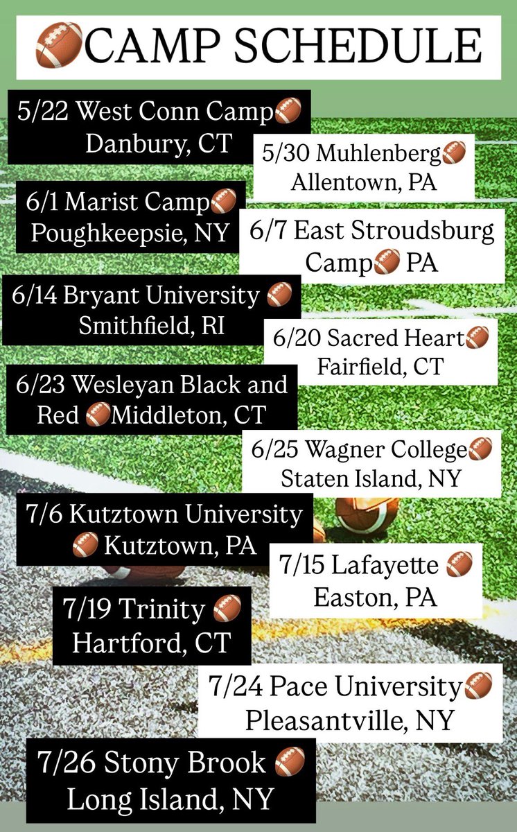 Upcoming Camp schedule! 
<a href="/CoachBCosh/">Billy Cosh</a> <a href="/CoachHennessy73/">Coach Henny</a> <a href="/jerryflora1/">jerry flora</a> <a href="/WestConnFB/">Westconn Football 🐺</a> <a href="/Marist_Fball/">Marist Football</a> <a href="/CoachMWillis/">Mike Willis</a> <a href="/Wagner_Football/">Wagner College Football</a> <a href="/Noah11_V/">Noah Vedral</a> <a href="/CoachKKulzer/">Kris Kulzer</a> <a href="/BryantUFootball/">Bryant Football</a> <a href="/KUBearsFootball/">Kutztown Football 🐻</a> <a href="/Wes_Football/">Wesleyan University Football</a> <a href="/CoachDiCenzo/">Dan DiCenzo</a> <a href="/CoachMignanelli/">Coach Chris Mignanelli</a> <a href="/KUHC_Clements/">Jim Clements</a> <a href="/_coachdwilliams/">Denver Williams</a> <a href="/CoachDevanney/">Jeff Devanney</a>
