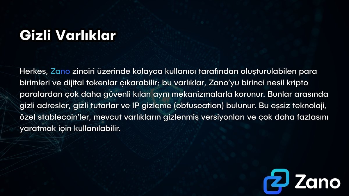 🔒 Gizlilik Önceliğimiz!
Zano zincirinde herkes kolayca kendi dijital para birimini çıkarabilir.

Gizli adresler, gizli tutarlar ve IP koruması sayesinde varlıklarınız güvende!

Özel stablecoin’lerden, gizlenmiş token’lara kadar sonsuz imkanlar…

#Zano #ZanoTürkiye