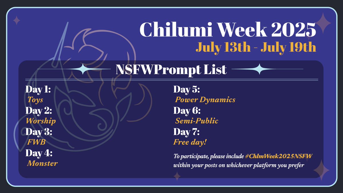 Hey Chilumi Nation! 

Chilumi Week will be hosted on July 13-19 this year! The SFW and NSFW prompts and hashtags are below. 

Check here for rules: chilumi-week.carrd.co 

We look forward to your entries! ✨🐳

#chilumi #lumichi #childe #lumine #タル蛍 #genshinimpact
