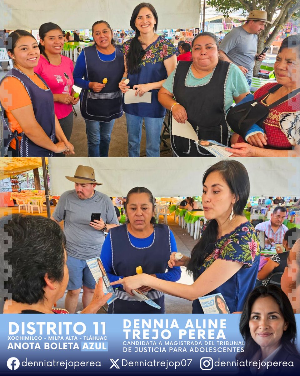 Denniatrejop07's tweet photo. 🌼 ¡Qué alegría estar en Xochimilco y compartir con su gente tan chida!
🗳️ Este 1° de junio, te invito a votar por mí y por un tribunal que escuche, respete y acompañe.
#justiciaadolescente #XochimilcoVota #Votaboletaazul #dennia07 #magistradaTSJCDMX #xochimilco #DenniaCercaDeTi https://t.co/gY2sDYXxHO
