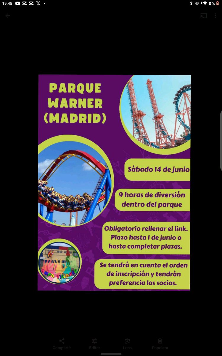 ampavillares's tweet photo. 💥💥EXCURSIÓN FIN DE CURSO: PARQUE WARNER (Madrid)💥💥

OBLIGATORIO rellenar el formulario y en el concepto del pago poner el nombre y apellidos de los niños socios o no socios.
https://t.co/Vna6S4mEuX
¡¡Animaros que lo pasaremos genial!! 🥳 https://t.co/0JSZN2KfYH