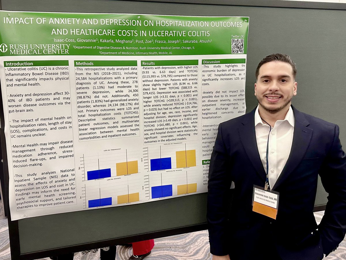 On #WorldIBDDay, I’m highlighting my work on the impact of mental health in ulcerative colitis hospitalizations:

🧠 Depression worsen hospitalization outcomes
📈 Increase length of stay
💸 Raise hospitalization costs
⭐️Mental health must be part of IBD care.
#GITwitter