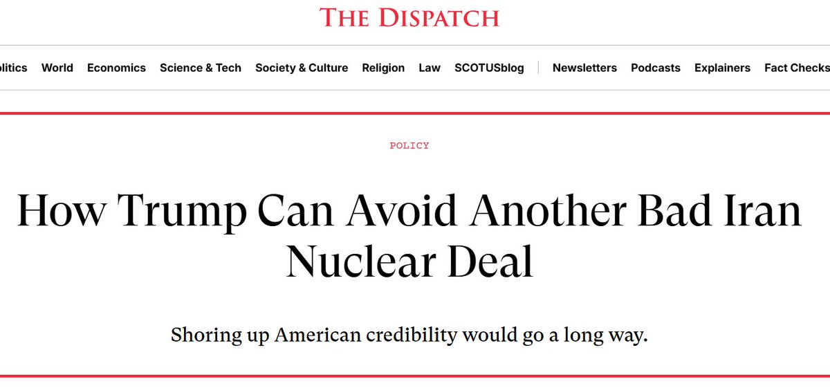 🧵As a potential new Iran deal takes shape, <a href="/JCB_Ruhe/">Jonathan Ruhe</a> says Trump faces a critical test:
 
Will it be a clean break from Obama’s and Biden’s failures—or a repeat w/ a different label? 

The stakes for U.S. credibility couldn’t be higher. 🇺🇸 <a href="/thedispatch/">The Dispatch</a>
(1/4)