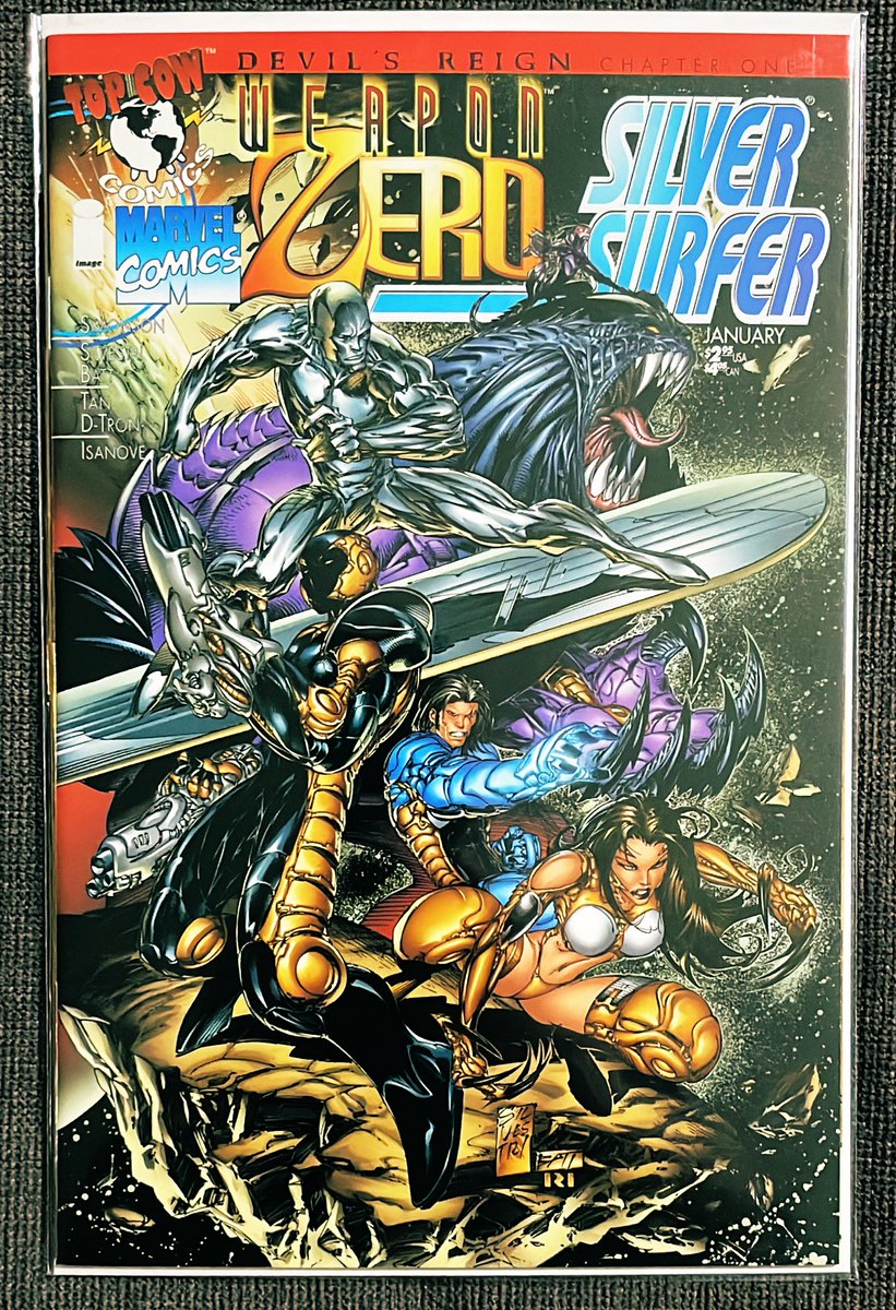 rholmes0520's tweet photo. Time for today’s @TopCow classic! Here’s the third and final cover to part 1 of THE Devils Reign crossover event in Weapon Zero Silver Surfer! By Mr Top Cow himself @Marc_Silvestri @BATTinks and Richard Isanove… #topcow #SilverSurfer #WeaponZero #MarvelComics #comics https://t.co/2eHQZXpv94