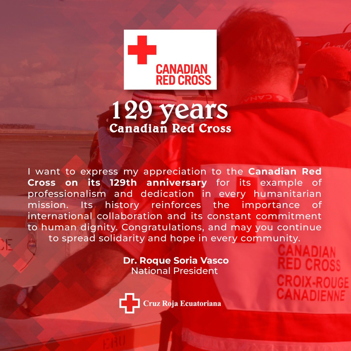 Envío un cálido saludo a nuestros hermanos de <a href="/redcrosscanada/">Canadian Red Cross</a>.
Gracias por su incansable labor, por su solidaridad y por ser un ejemplo de humanidad.

Today, I send a warm greeting to our brothers and sisters at <a href="/redcrosscanada/">Canadian Red Cross</a>.
Thank you for being an example of humanity.