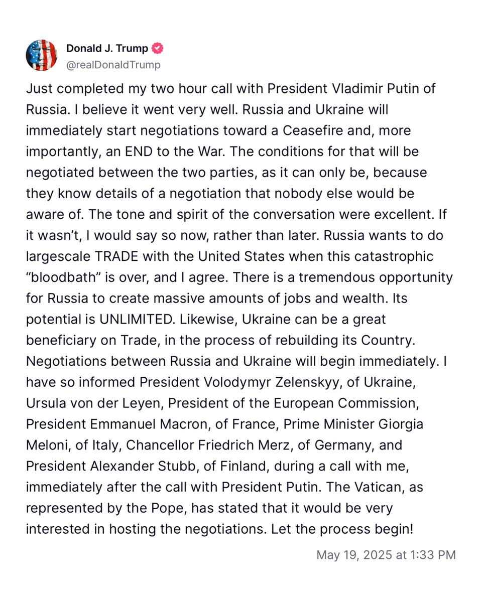 WhiteHouse's tweet image. "Just completed my two hour call with President Vladimir Putin of Russia. I believe it went very well..." –President Donald J. Trump