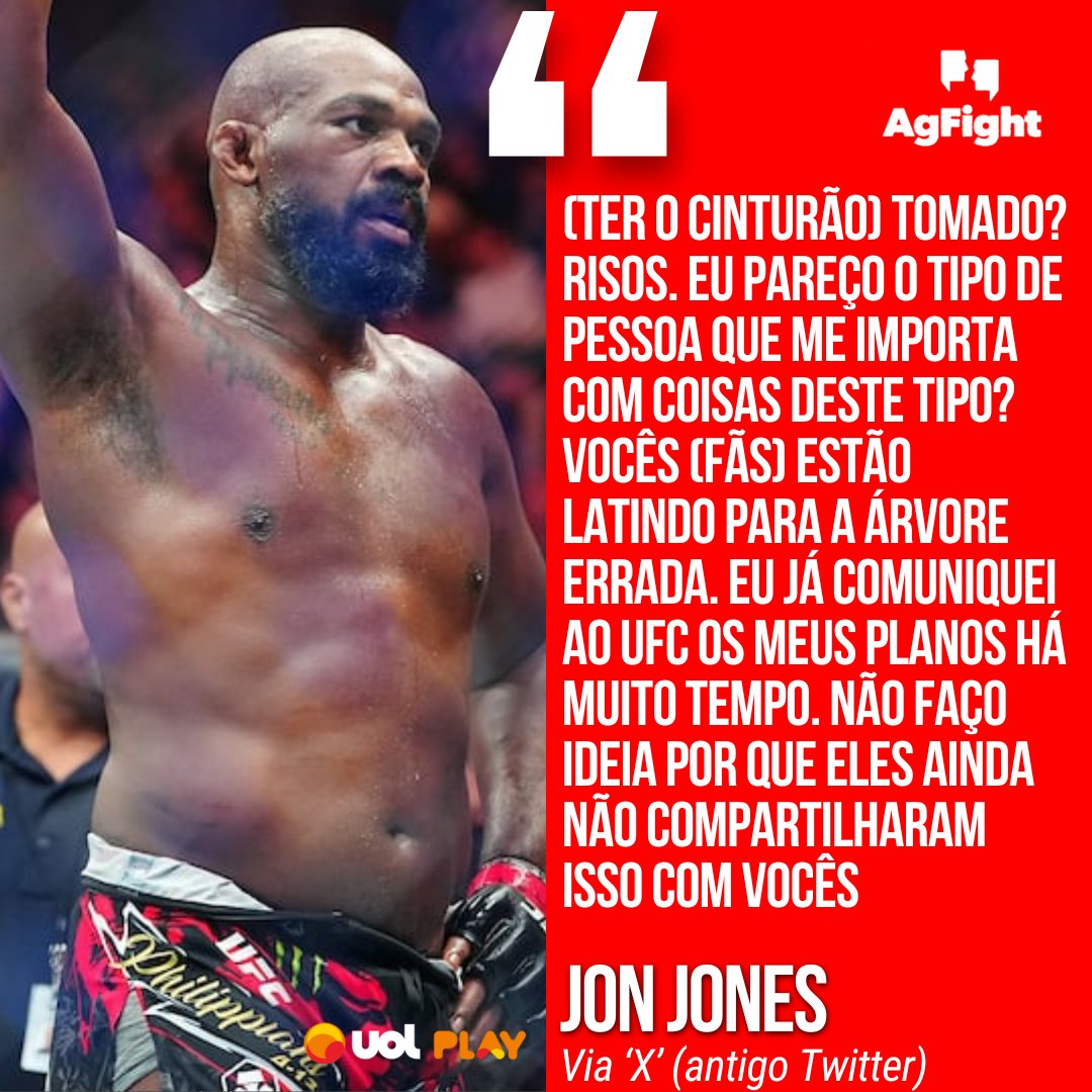 AgFight's tweet image. CULPA DO UFC?🤔

Enquanto os fãs ficam cada vez mais impacientes com a indefinição sobre o futuro de @JonnyBones, 'Bones' atrelou a falta de notícias ao UFC. Segundo o campeão, suas intenções já foram passadas para a liga. O que será que isso significa?

#JonJones #UFC #Impasse