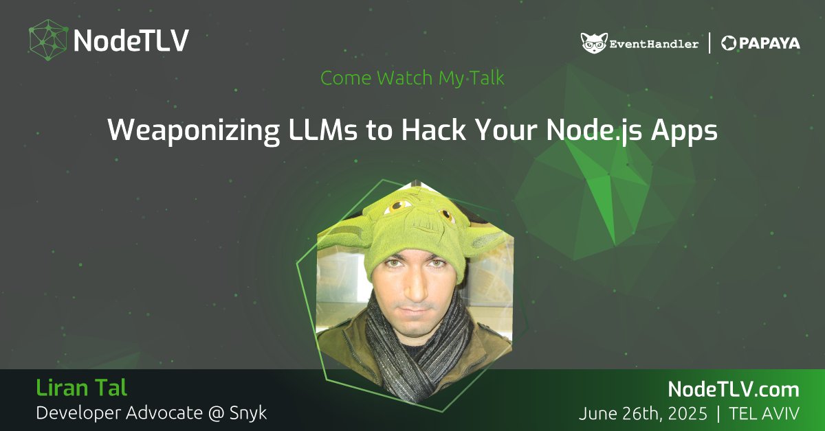 NodeTLV's tweet image. We are proud to announce that Liran Tal, Developer Advocate at @Snyksec, will be speaking at #NodeTLV '25!
Want to learn more? Check out all the details at ๐ nodetlv.com