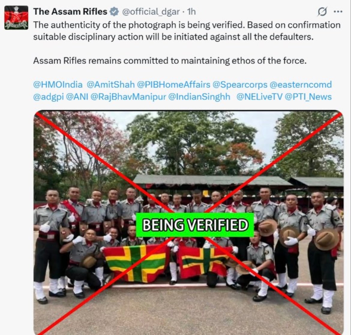 the_singtangpa's tweet photo. We strongly denounce the recent biased post by the Assam Rifles on X (formerly Twitter) regarding the Zomi community flag. This post is not only unjust but also highlights a troubling double standard in how ethnic communities in the region are treated. The Zomi flag serves as a cultural and ethnic symbol, embodying the history, resilience, and identity of the Zomi people—who are proud citizens of India. It is neither a political nor a secessionist symbol and has never been used to challenge the nation's sovereignty. The misrepresentation and targeting of the Zomi flag by a security force is both unjustified and deeply offensive to our community's sentiments. Furthermore, it is concerning that the Assam Rifles and other security agencies remain silent and inactive in response to actual secessionist displays, particularly the open public display of the Salai Taret flag by Meitei secessionist groups, who have expressed anti-national sentiments and engaged in actions that threaten India's unity and territorial integrity. The selective scrutiny and biased narrative from the Assam Rifles raise significant concerns about institutional bias and unequal treatment under the pretext of national security. The Zomi community is dedicated to peace, democratic principles, and the unity of India. We urge respect, equality, and justice—not merely in rhetoric, but in actions that genuinely embody the spirit of the Indian Constitution.