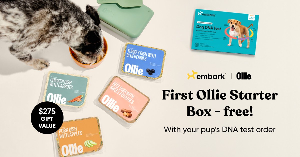 We’ve teamed up with Ollie! Order any Embark Dog DNA Test and get your first Ollie Starter Box Free—includes 2 weeks of fresh meals, storage tools, and more. 🐶 🎊 🧬  New Ollie subscribers in contiguous U.S. only. Code delivered via email. Offer ends 5/23 bit.ly/3GYRsYk