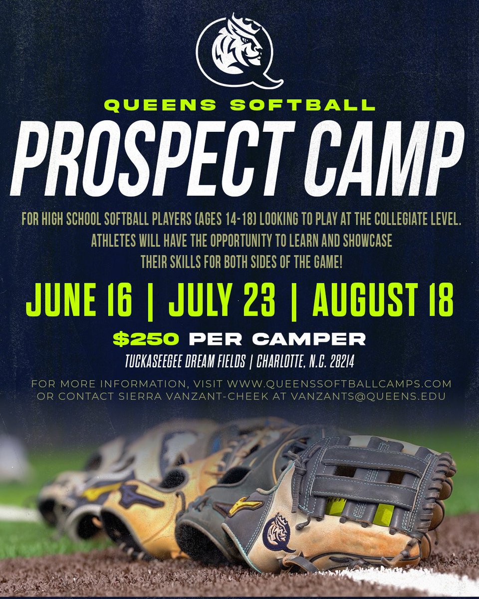 Join us this summer for the Queens Softball Prospect Camp!

📅 June 16 | July 23 | August 18
📍 Tuckaseegee Dream Fields | Charlotte, NC
💰 $250 per camper

Don’t miss your shot to train with the Royals! 

Register now at queenssoftballcamps.com

#RoyalsRise | #QUeenCity