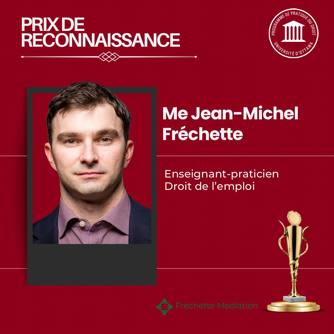 🏆 Nous sommes fiers d’annoncer que Me Jean-Michel Fréchette a reçu le prix de reconnaissance d’équipe pédagogique pour son excellente approche et son impact significatif dans la formation des futur(e)s avocat(e)s durant le volet formation du programme.
➡️ frechettemediation.ca