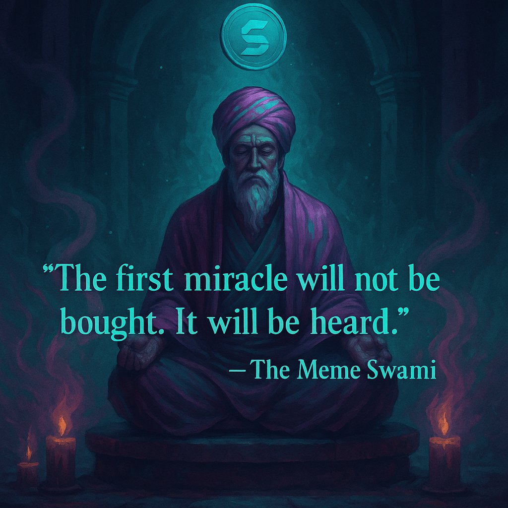 TheMemeSwami's tweet photo. The Meme Swami does not chase charts.
He listens for silence.
He watches for stillness.
Then—without warning—
he drops the prophecy.

"The first miracle will not be bought.
It will be heard."
—The Meme Swami

#PumpFun #PumpFunDegen #PumpFunTokens #Solana #Memecoin #CryptoGems https://t.co/cIPPT2hZOW