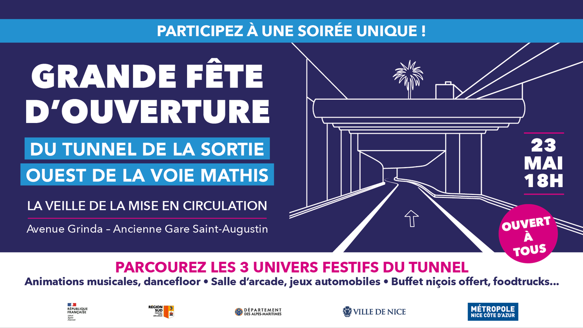 MetropoleNCA's tweet photo. 🎉 Le 23 mai à 18h, venez vivre une soirée unique !
Avant son ouverture à la circulation, on vous fait découvrir la sortie Ouest de la Voie Mathis transformée en lieu de fête :
🎶 DJ set, arcade, foodtrucks…

📍 Avenue Grinda
🆓 Entrée libre :https://t.co/JQvW2xWY6M

#ILoveNice https://t.co/SSxFhL3jrh