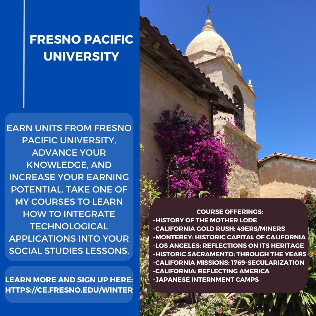Learn more about my California History Courses: ce.fresno.edu/winter 

#Edchat #EdTech #Learning #Teaching #Students #Education  #cahistory #socialstudies #sschat #historyteacher #histedchat #LosAngeles #Monterey #Sacramento #GoldRush #CaliforniaMissions #JapaneseInternment