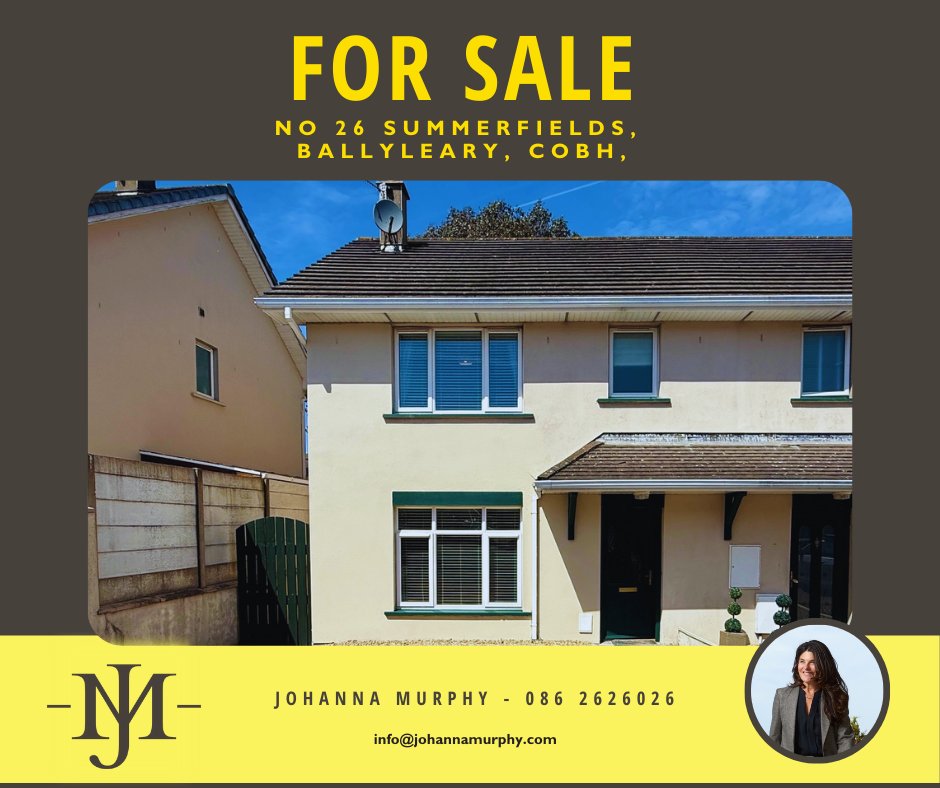 No. 26 Summerfields, Cobh, a 3-bed/3-bath semi-detached home in a prime location! Recently redecorated with a modern fitted kitchen, spacious living areas, and a sun-soaked south-facing garden, perfect for summer evenings.

Gas Central Heating |  Private Back Garden | Driveway
🏠