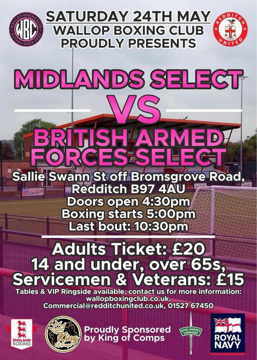 Redditch United (@redditchutd) on Twitter photo This Saturday π₯
Join us at the Valley on Saturday 24th May for a unique evening as <a href="/WallopBoxing/">Wallop Boxing Club</a> present a night full of exciting bouts! 22 fights are scheduled, all to take place on the centre of the pitch.
Secure your tickets below ‡οΈ
fixr.co/event/midlandsβ¦ This Saturday π₯
Join us at the Valley on Saturday 24th May for a unique evening as <a href="/WallopBoxing/">Wallop Boxing Club</a> present a night full of exciting bouts! 22 fights are scheduled, all to take place on the centre of the pitch.
Secure your tickets below ‡οΈ
fixr.co/event/midlandsβ¦