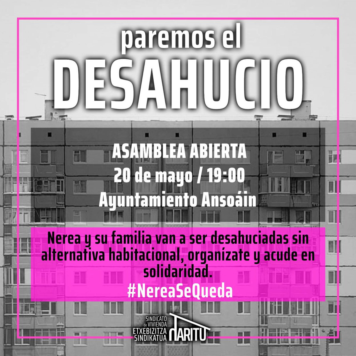 🔴Mañana hemos organizado una asamblea abierta de cara al desahucio del miércoles.

Una familia con dos menores en riesgo de desahucio en Ansoáin sin alternativa residencial.

🗓️M20
🕒19h
📌Pz Ayuntamiento, Ansoáin

¡Paremos todos los desahucios!
#NereaSeQueda