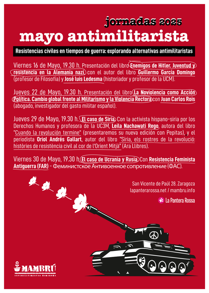 Este jueves en Pantera Rossa de Zaragoza 19.30 Presentación del libro «La Noviolencia como Acción Política. Cambio global frente al Militarismo y la Violencia Rectora» con Juan Carlos Rois (abogado, investigador del gasto militar español). n9.cl/ihqfxp