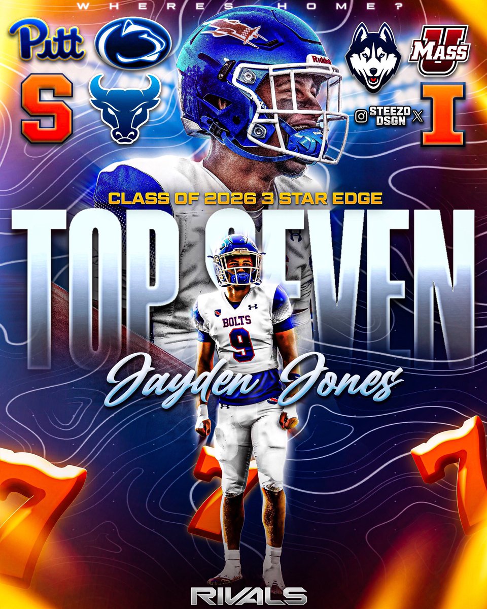 Steezo (@steezodsgn) on Twitter photo BREAKING: Class of 2026 3 ⭐️ EDGE Jayden Jones ( <a href="/jayjones2026/">Jayden Jones</a> ) has cut his list down to 7️⃣ schools.
-
Jayden Jones is a 6’2 (215 LBS) EDGE Defender out of Millville, NJ. He has a total of 17 offers and ranks as the 16th recruit in the state of New Jersey.
-
Let him know BREAKING: Class of 2026 3 ⭐️ EDGE Jayden Jones ( <a href="/jayjones2026/">Jayden Jones</a> ) has cut his list down to 7️⃣ schools.
-
Jayden Jones is a 6’2 (215 LBS) EDGE Defender out of Millville, NJ. He has a total of 17 offers and ranks as the 16th recruit in the state of New Jersey.
-
Let him know