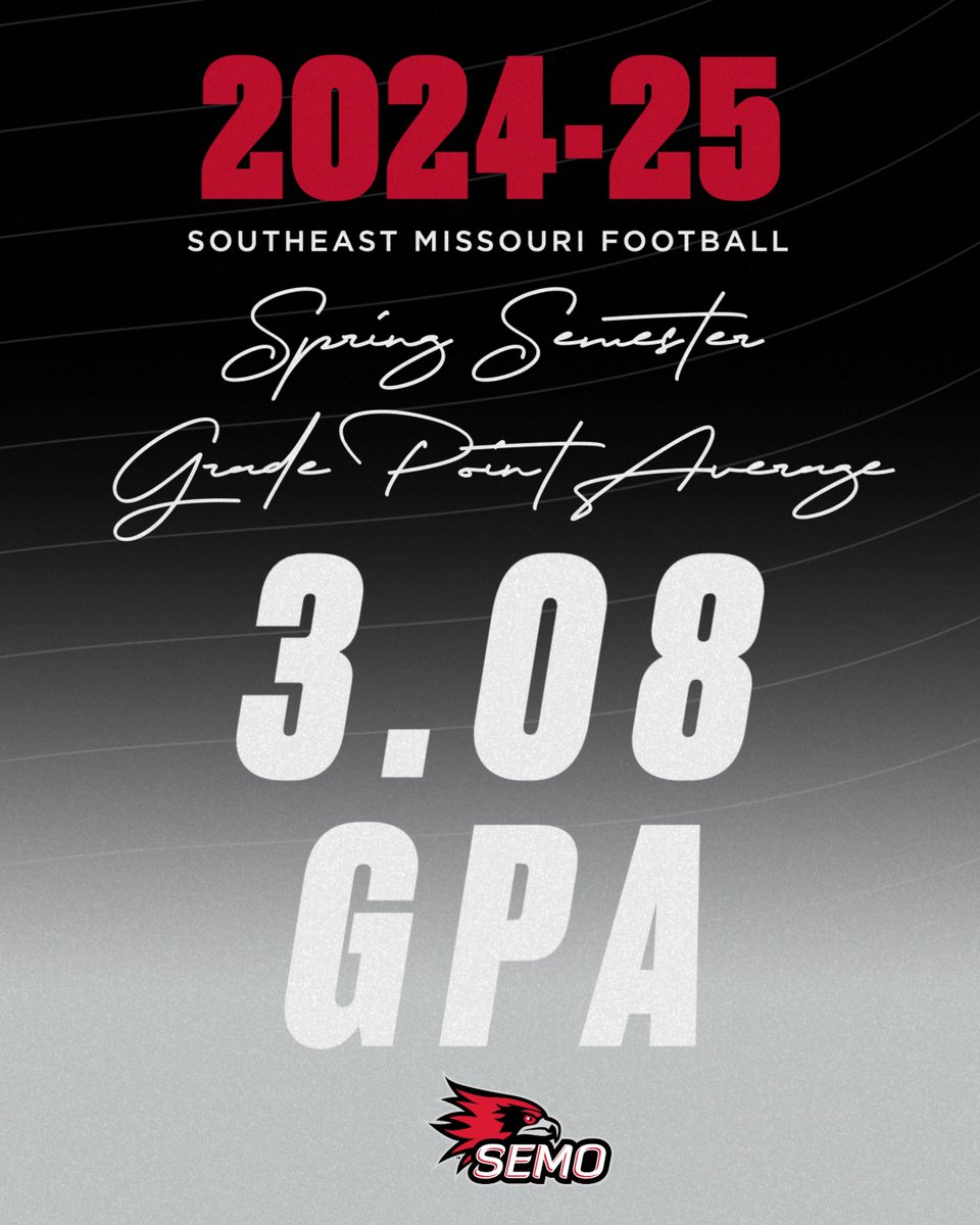 Southeast Missouri's football team finished the 2024-25 academic year with a 3.08 grade point average in the spring semester. That makes five-straight semesters where the Redhawks accumulated above a 3.0 GPA.