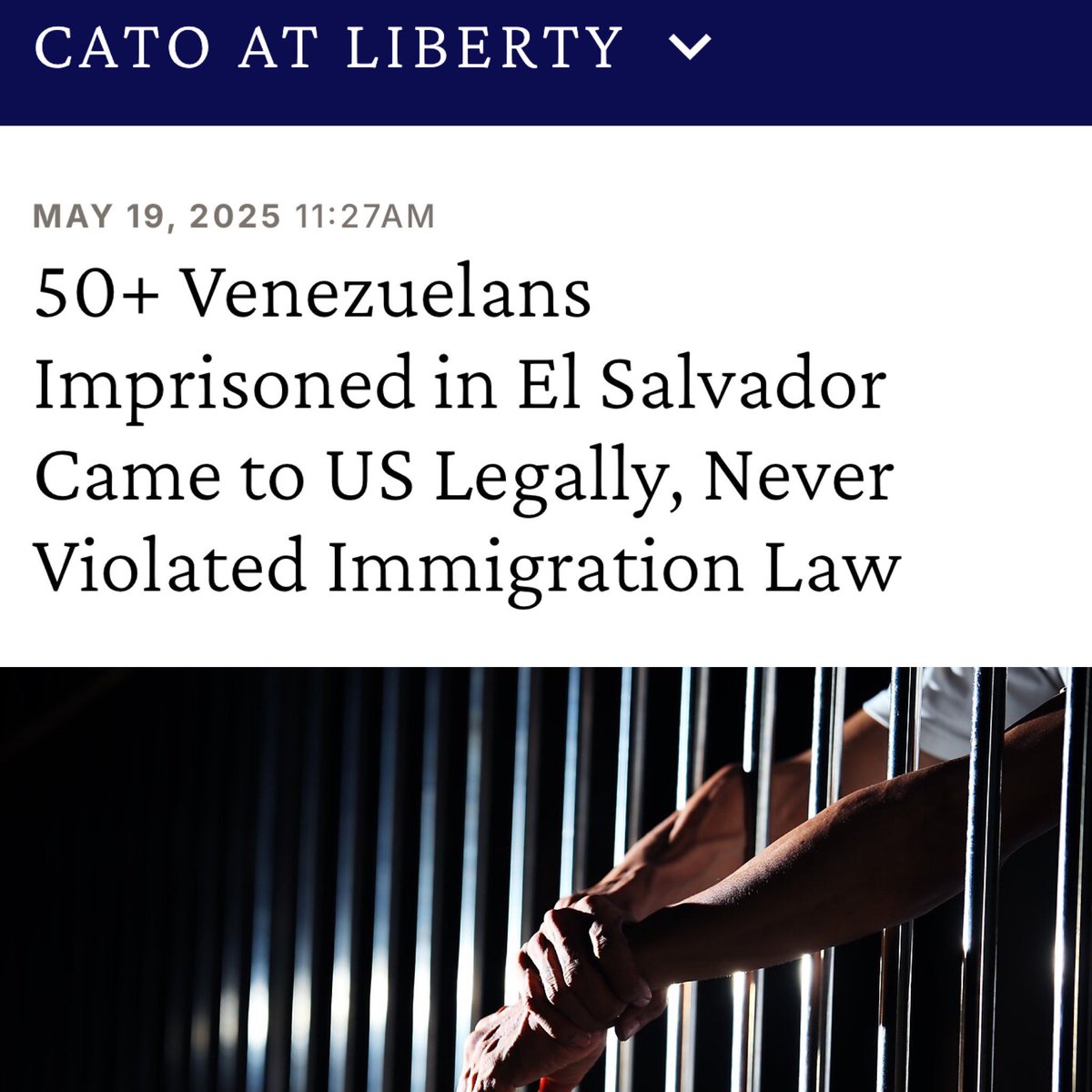 TheTNHoller's tweet photo. CATO STUDY: Of 240 Venezuelans Trump snatched to be imprisoned in El Salvador’s horrific CECOT prison - “75% had no criminal record- and dozens of never violated immigration laws either.”

TLDR: THEY WERE HERE LEGALLY.
https://t.co/OF8d0LZKB7 https://t.co/H6n3ICBULQ